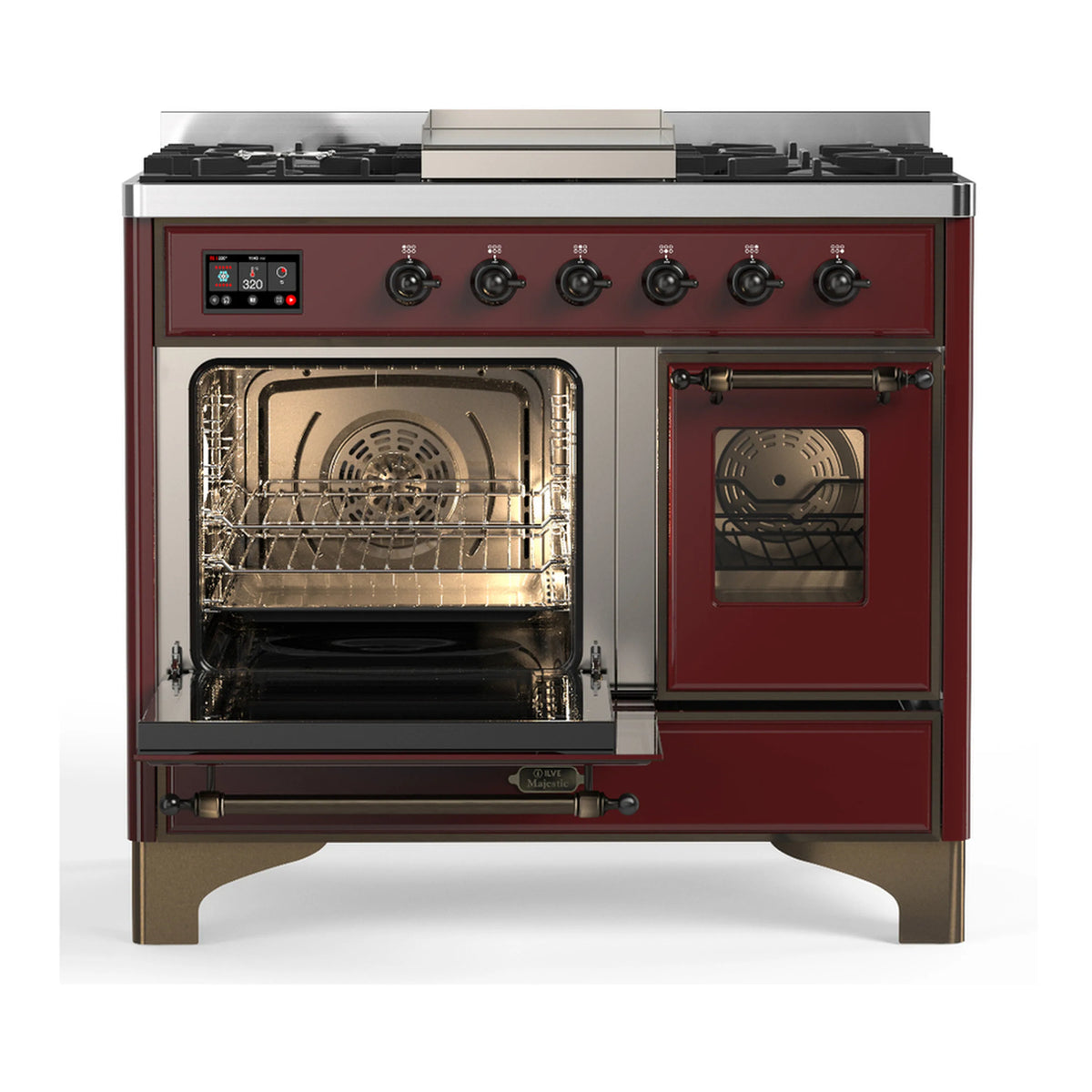Burgundy dual-fuel range with open oven door showing racks and closed warming oven door
