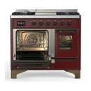 ILVE Majestic III 40-inch Dual Fuel Range with 6 Natural Gas Burner, Griddle and Triple Glass Door Electric Oven in Burgundy with Burnished Trim (UMD40FNR3BUB)