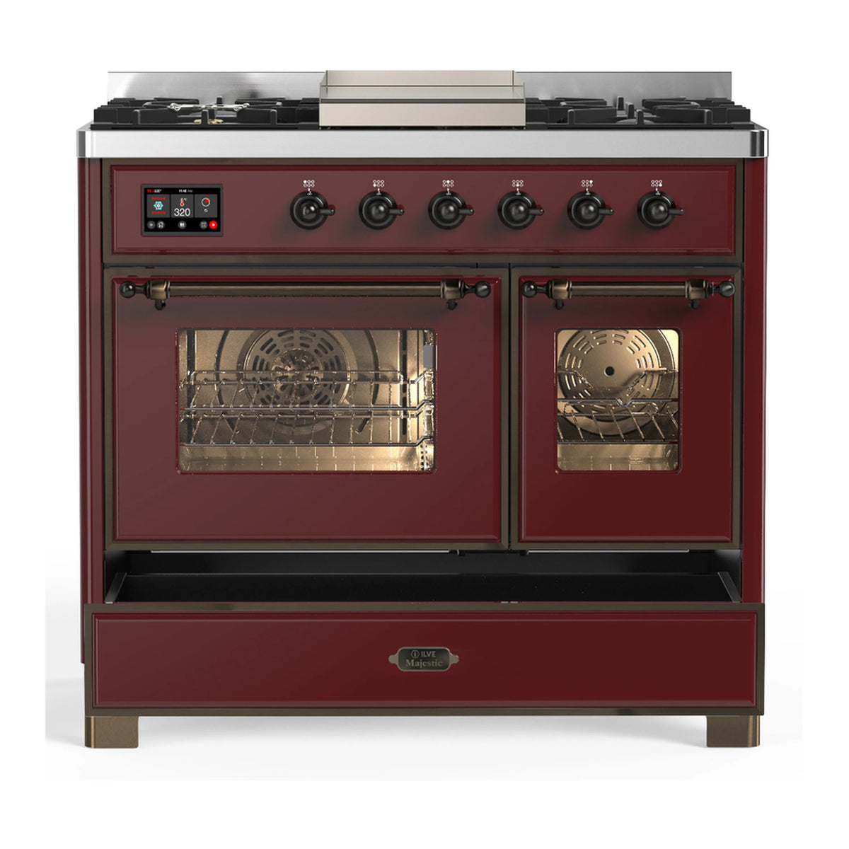 Burgundy dual-fuel range with both oven doors closed and illuminated interiors