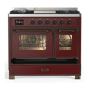 ILVE Majestic III 40-inch Dual Fuel Range with 6 Natural Gas Burner, Griddle and Triple Glass Door Electric Oven in Burgundy with Burnished Trim (UMD40FNR3BUB)