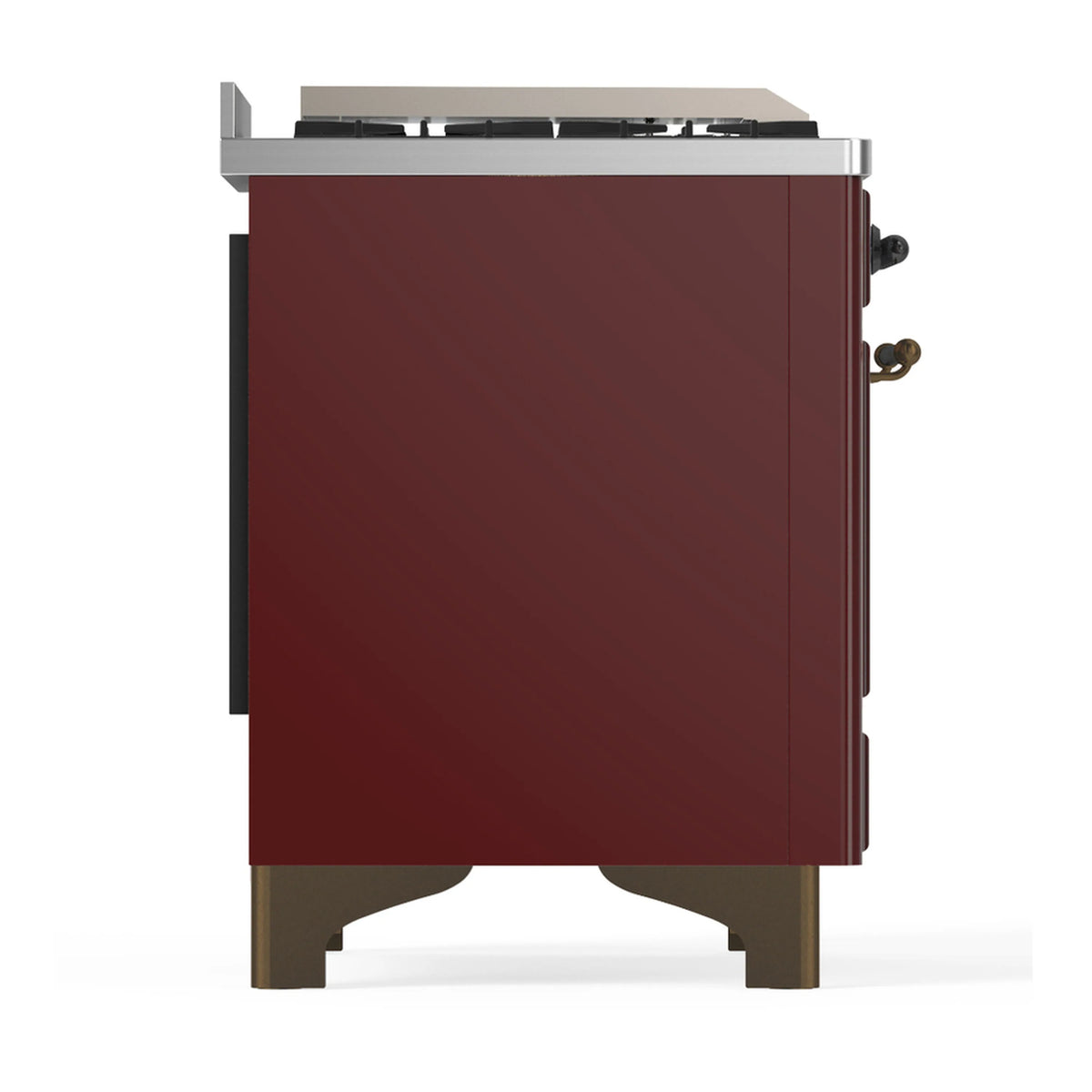 Burgundy rear side of dual-fuel range with stainless trim and small brass fittings