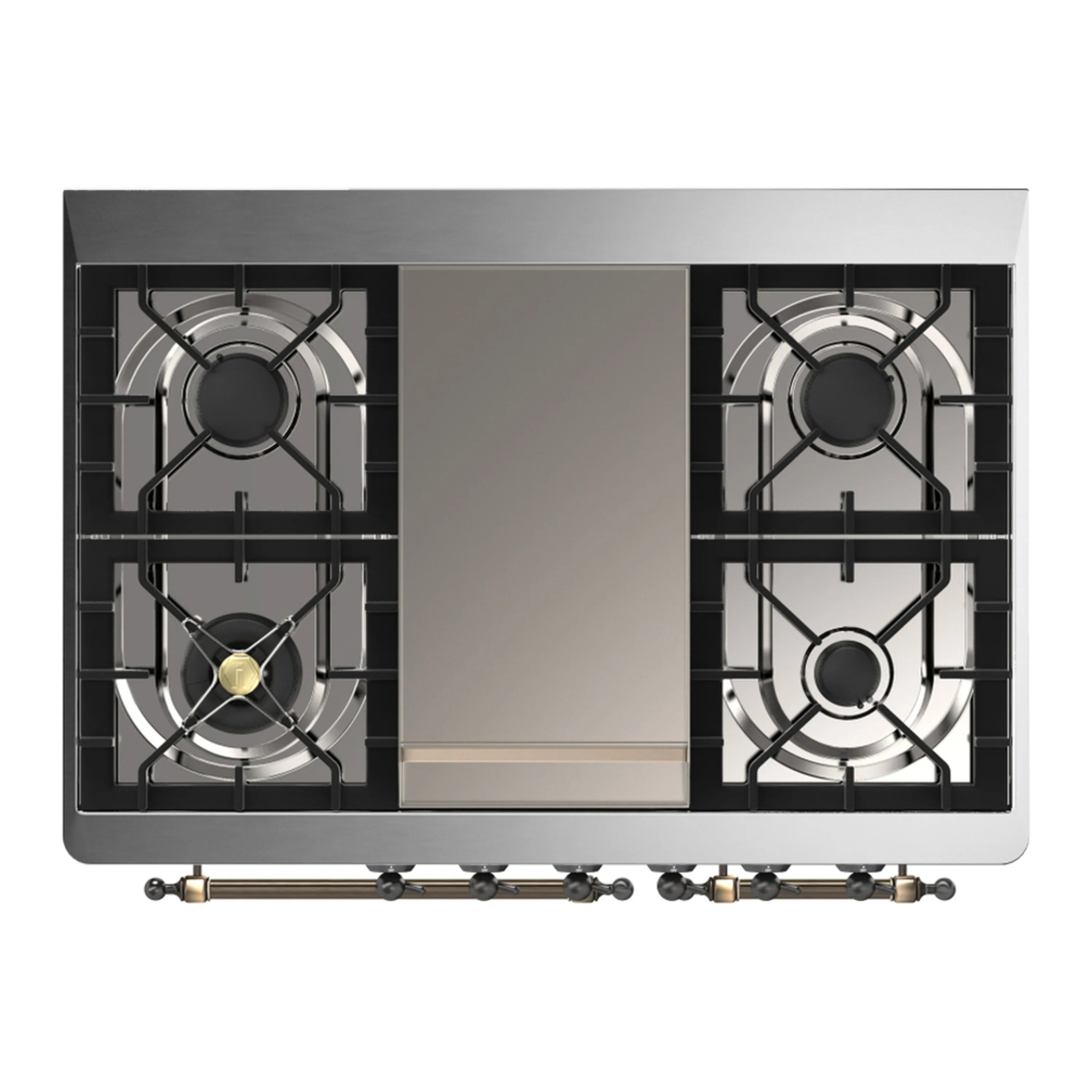 Dual-fuel range cooktop underside view with four burner grates and brass gas fittings