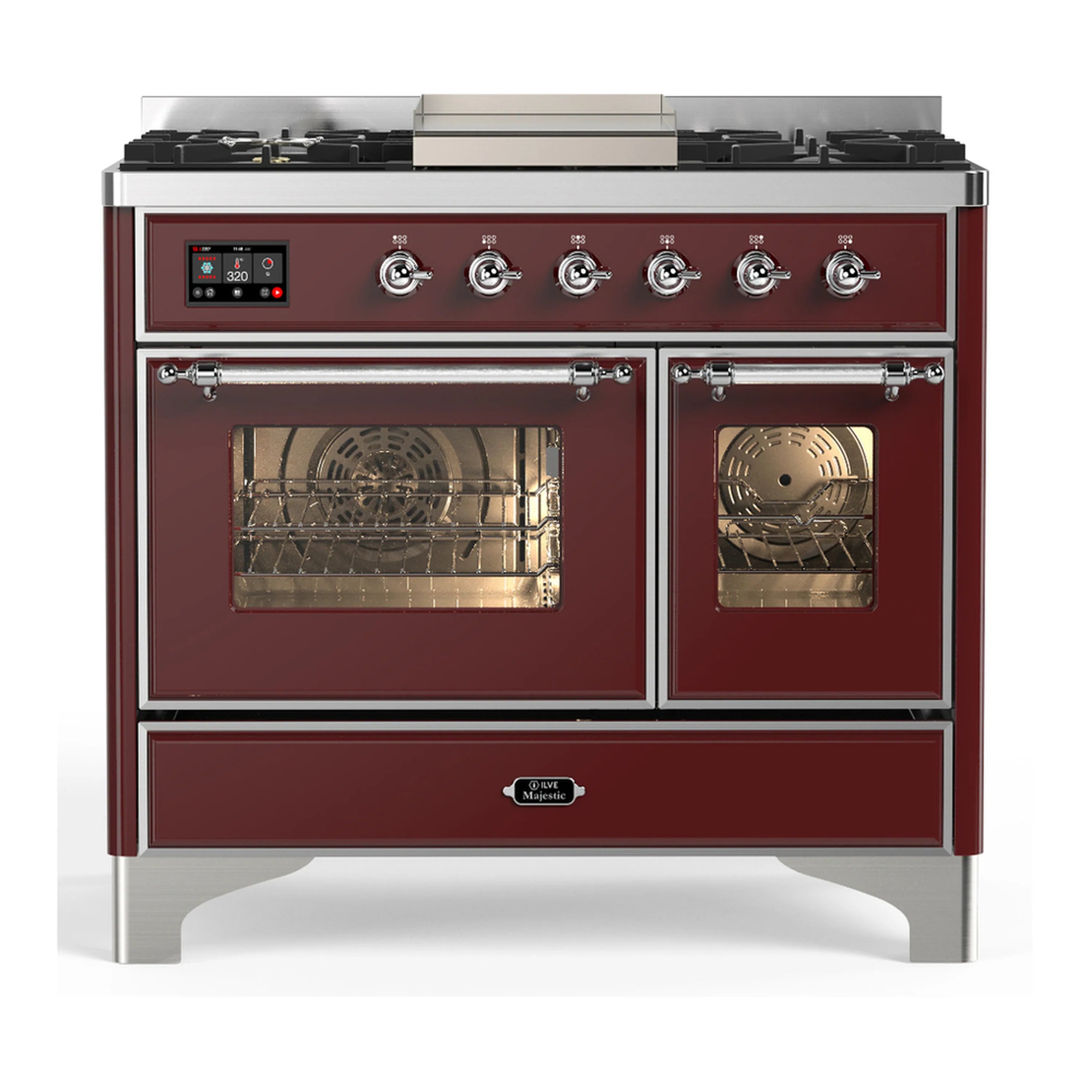 Burgundy dual fuel range with oven doors open, showing racks and lit oven interior
