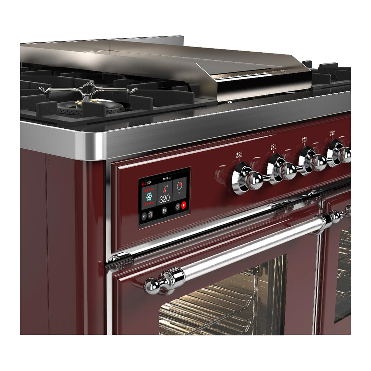 Burgundy dual fuel range with chrome trim, front control panel, and glass oven door