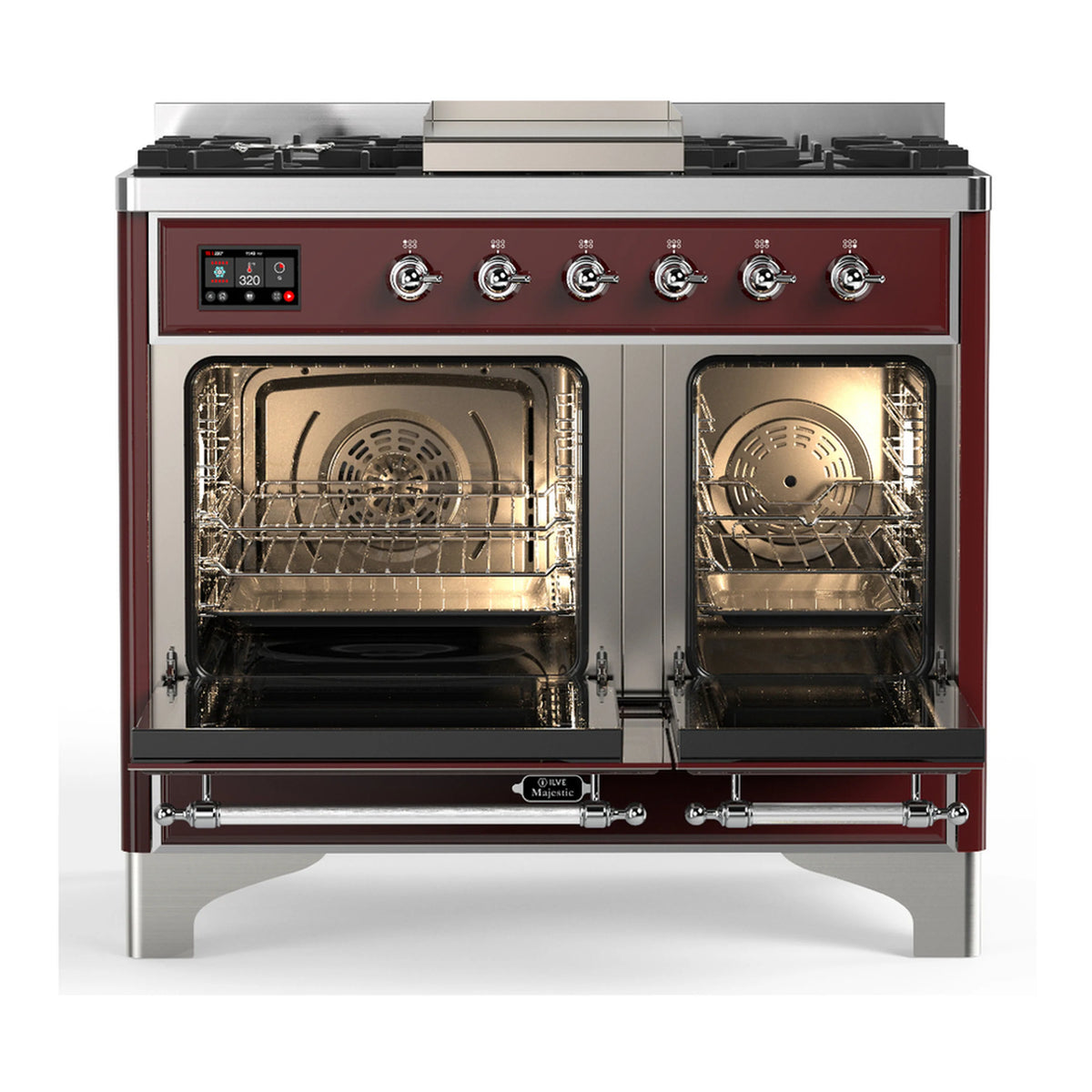 Burgundy dual fuel range with oven doors open, showing two racks inside the electric oven