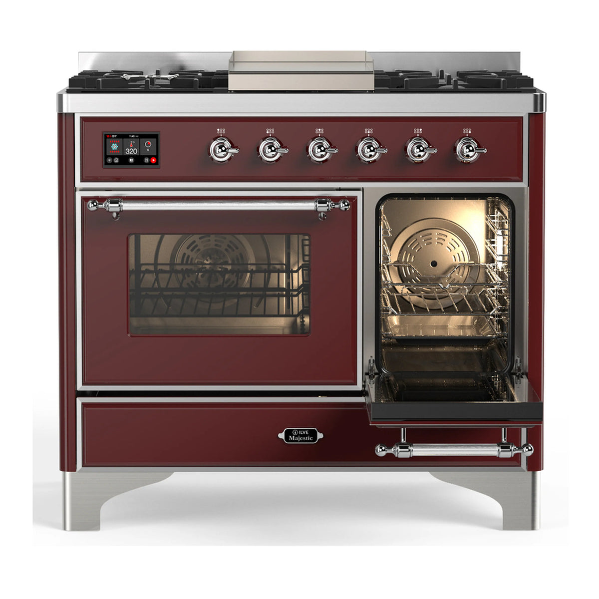 Burgundy dual fuel range with front view, oven door open, two burner controls on panel