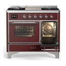 ILVE Majestic III 40-inch Dual Fuel Range with 6 Natural Gas Burner, Griddle and Triple Glass Door Electric Oven in Burgundy with Chrome Trim (UMD40FNR3BUC)