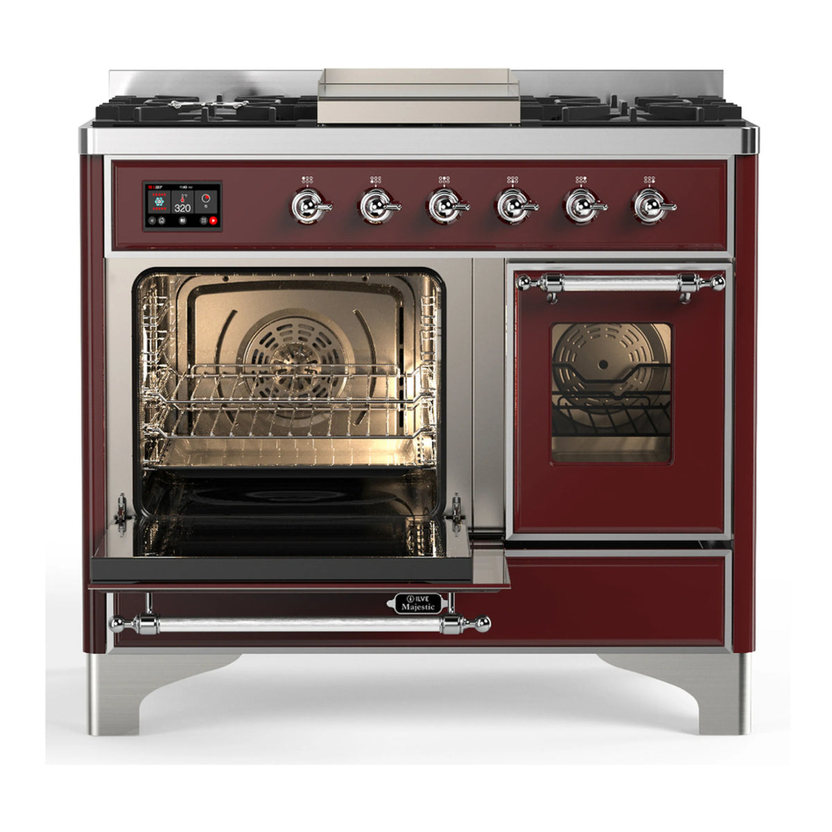 Burgundy dual fuel range with large oven window and full front control knobs