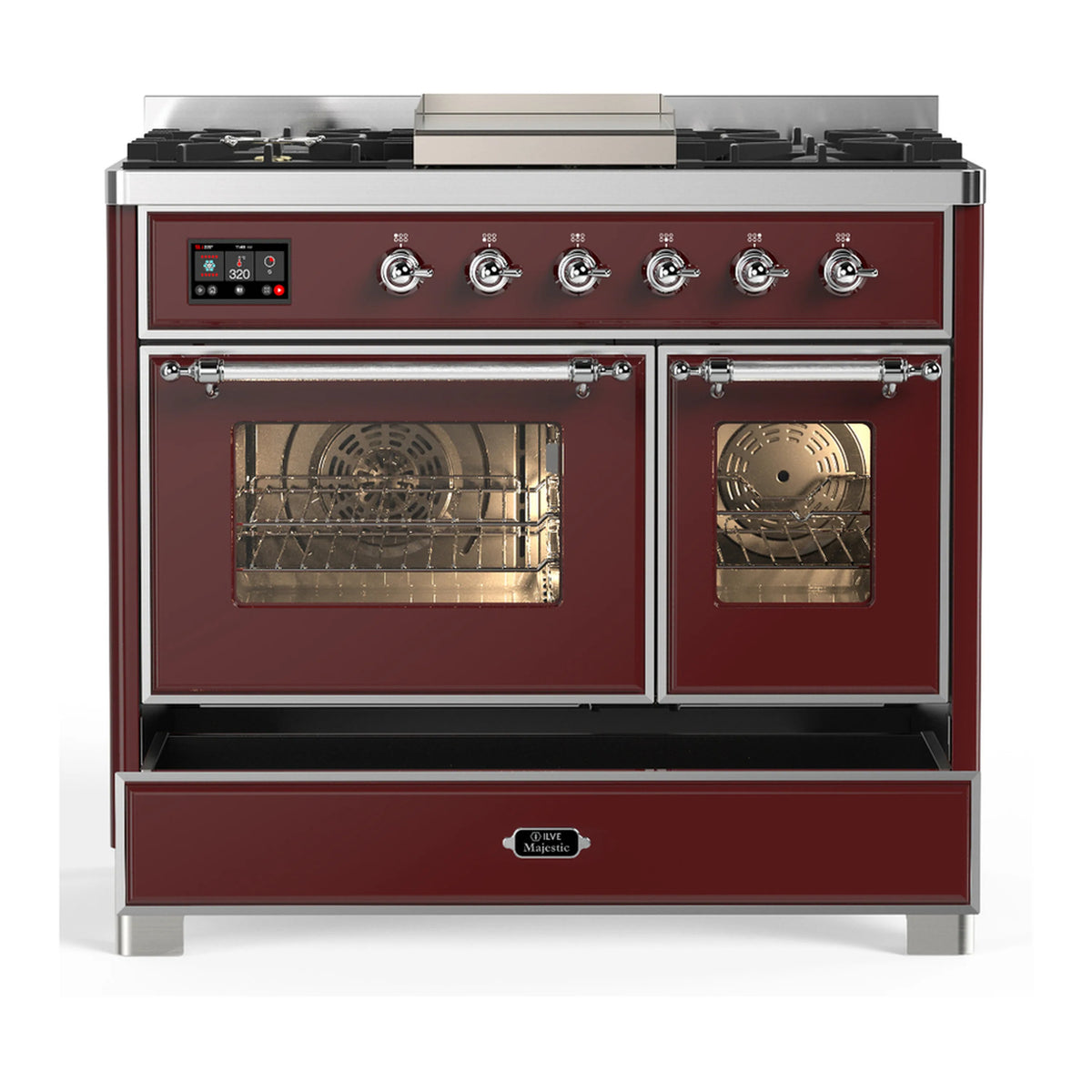 Burgundy dual fuel range with both oven doors open and burner control panel across top