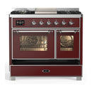 ILVE Majestic III 40-inch Dual Fuel Range with 6 Natural Gas Burner, Griddle and Triple Glass Door Electric Oven in Burgundy with Chrome Trim (UMD40FNR3BUC)