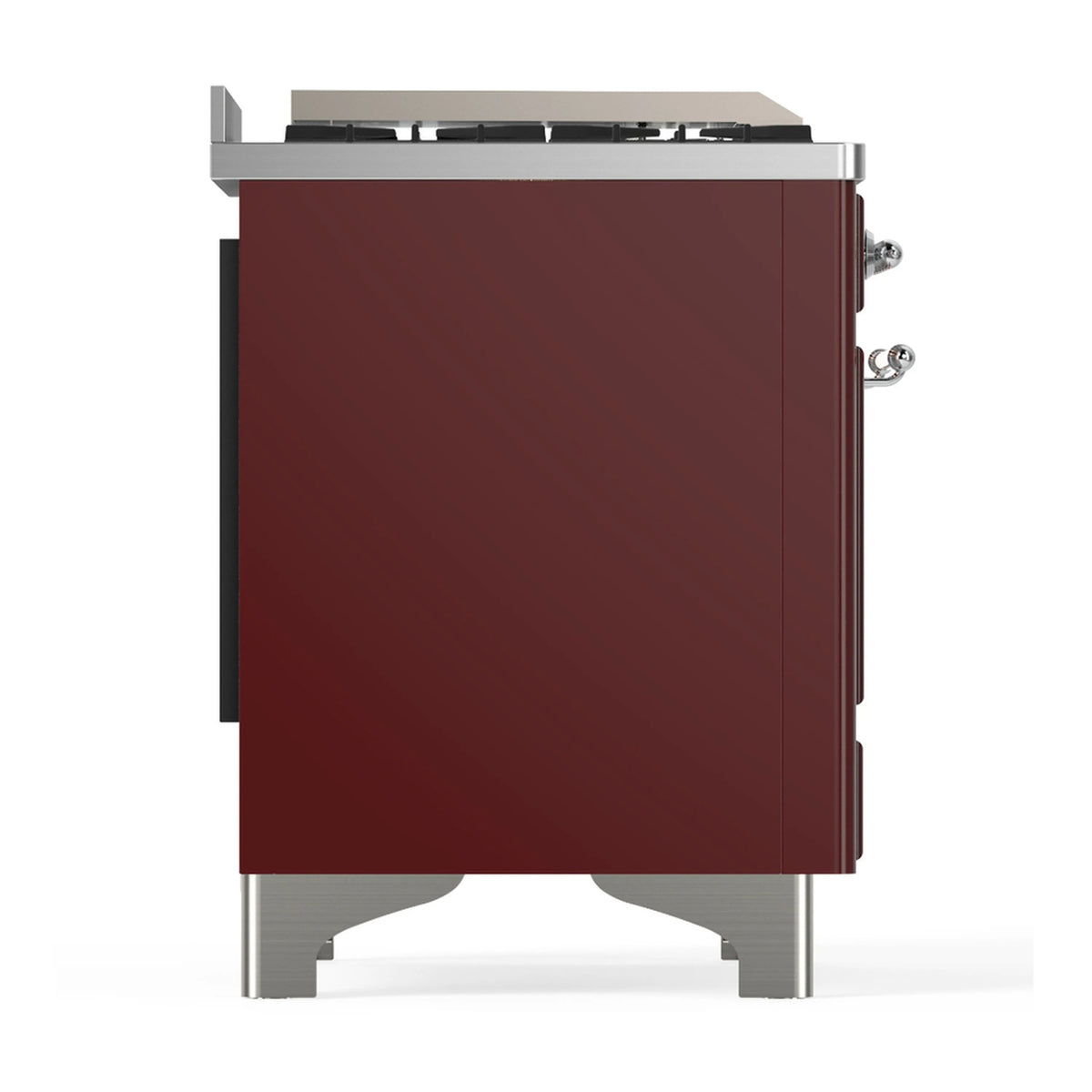 Burgundy dual fuel range rear side view with chrome trim and side handles