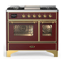 ILVE Majestic III 40-inch Dual Fuel Range with 6 Natural Gas Burner, Griddle and Triple Glass Door Electric Oven in Burgundy with Brass Trim (UMD40FNR3BUG)