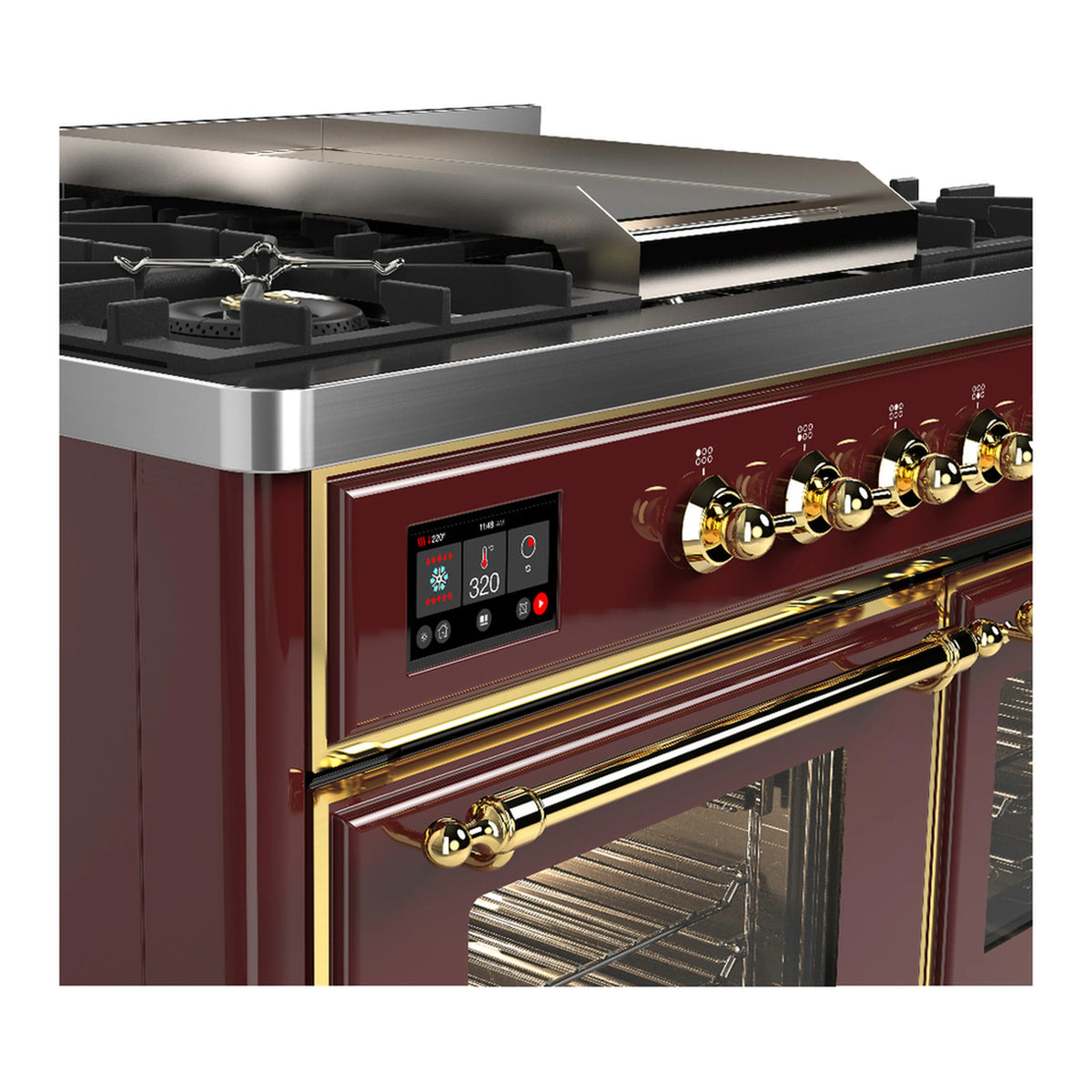 Burgundy dual-fuel range with brass control knobs and open electric oven door