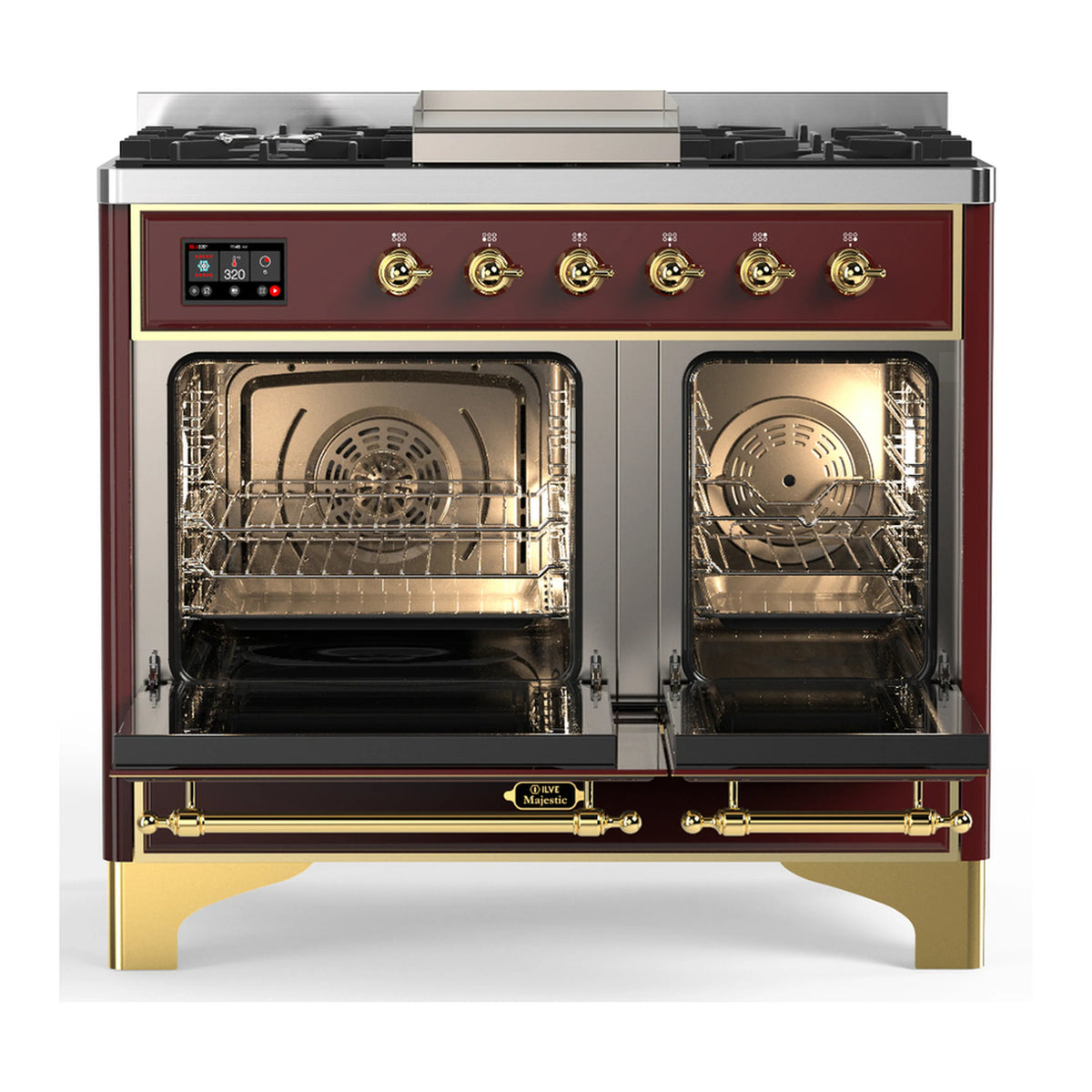 Burgundy dual-fuel range with brass burner knobs and two open electric oven doors