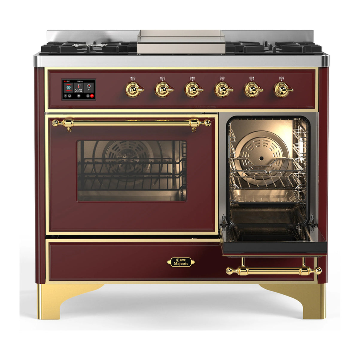 Burgundy dual-fuel range with brass knobs and triple-glass oven door in open position