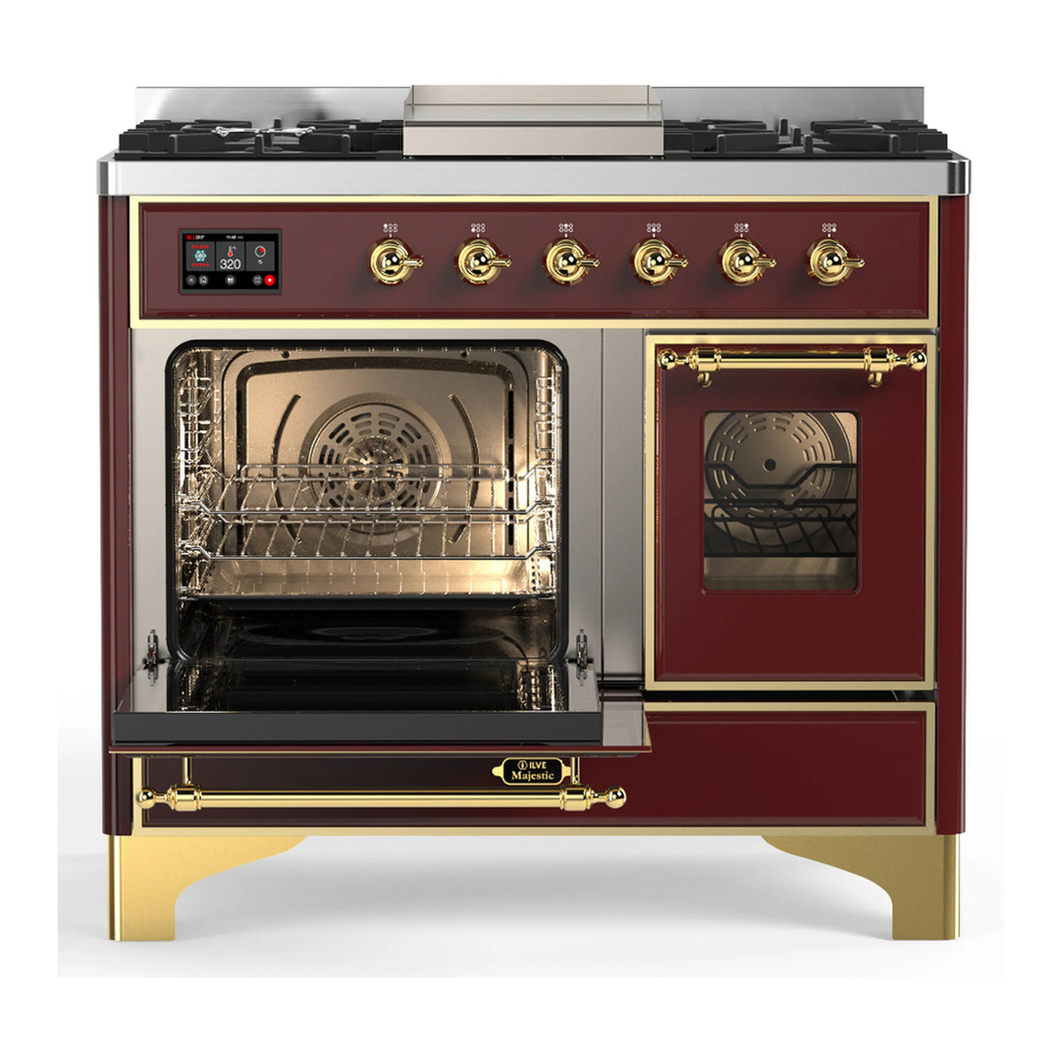 Burgundy dual-fuel range with brass trims, open electric oven door, and window panel