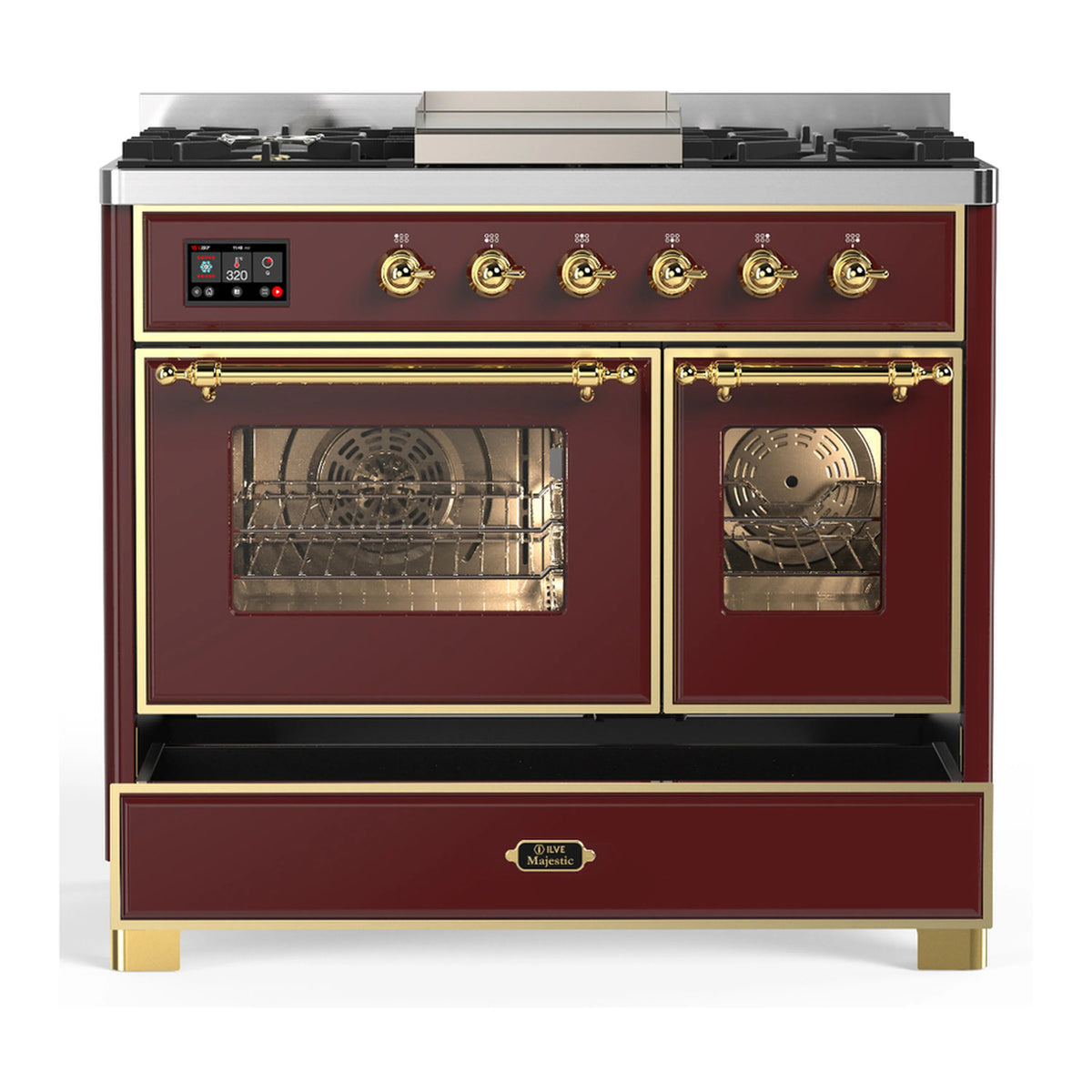 Burgundy dual-fuel range with brass knobs and two open oven doors