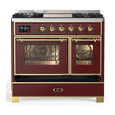 ILVE Majestic III 40-inch Dual Fuel Range with 6 Natural Gas Burner, Griddle and Triple Glass Door Electric Oven in Burgundy with Brass Trim (UMD40FNR3BUG)