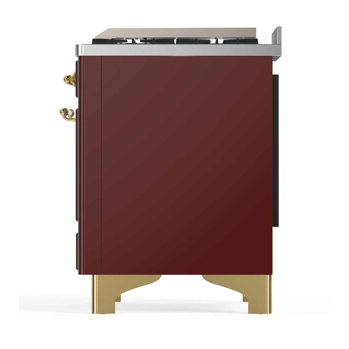 Side view of burgundy dual-fuel range with brass legs and black cooktop grates