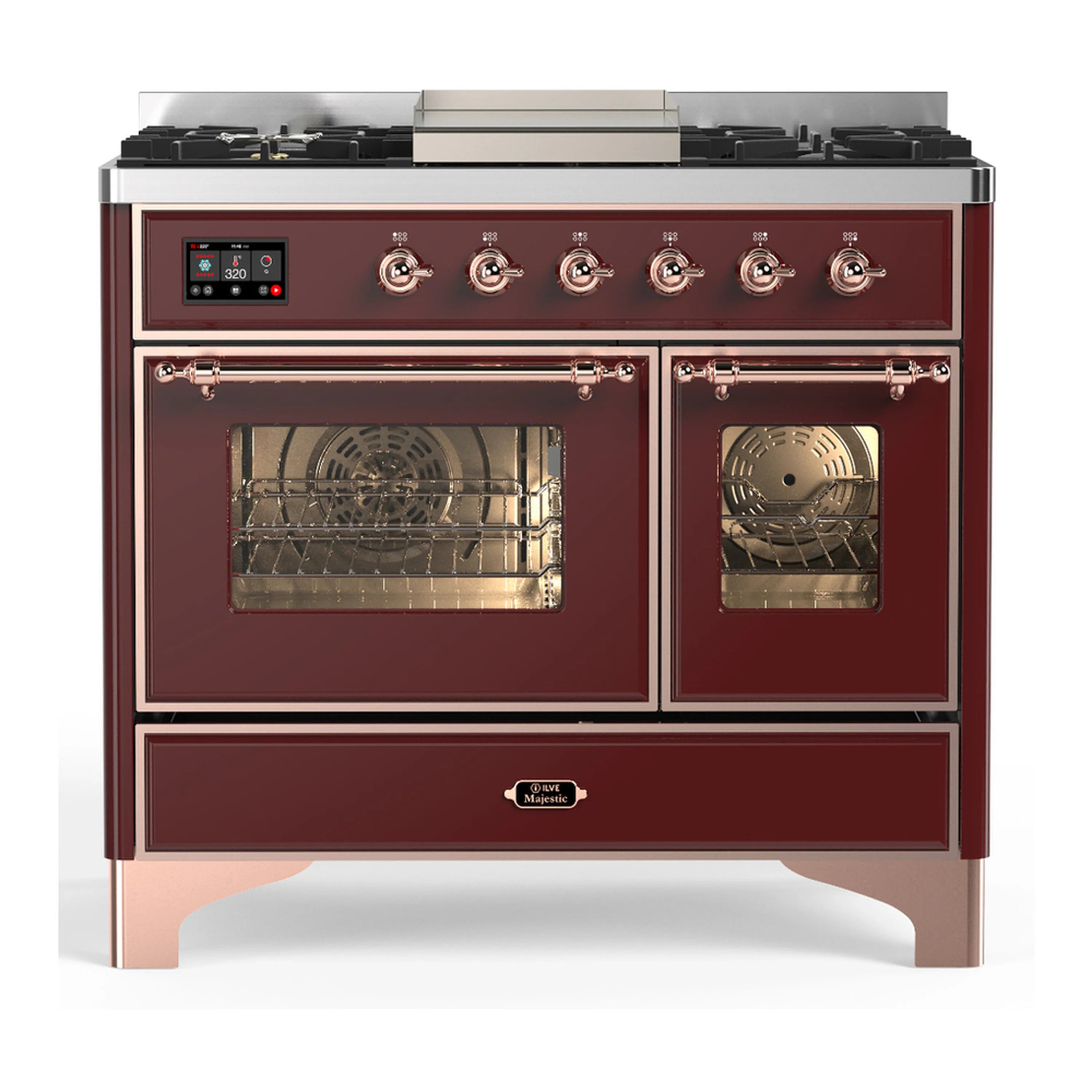 Dual fuel range, burgundy with copper trim; dual ovens and warming drawer front