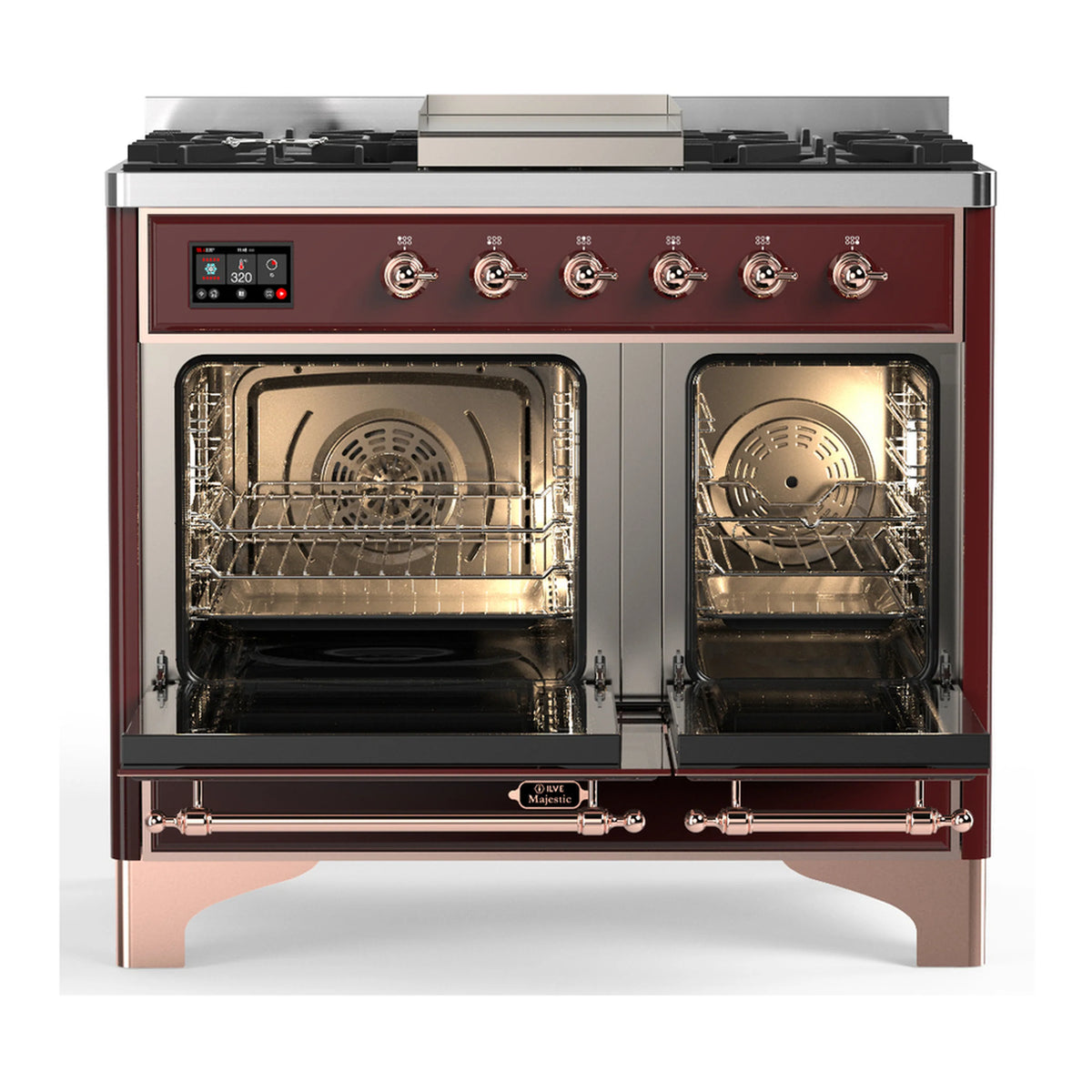 Dual fuel range, burgundy with copper trim; dual ovens with glass doors and burner knobs