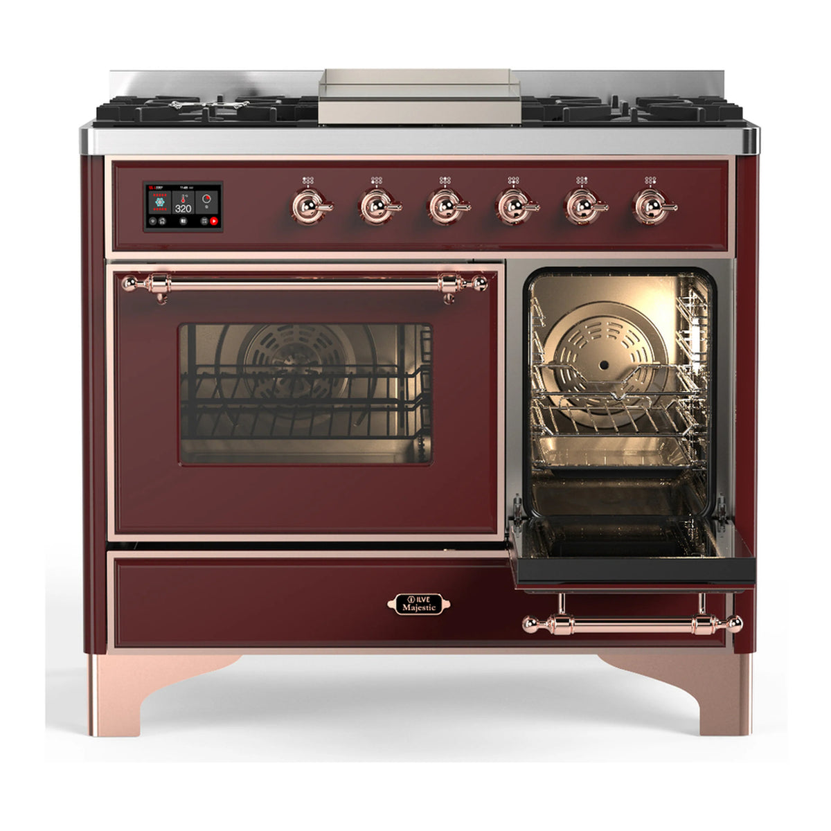 Dual fuel range, burgundy with copper trim; one oven door open, other closed with glass