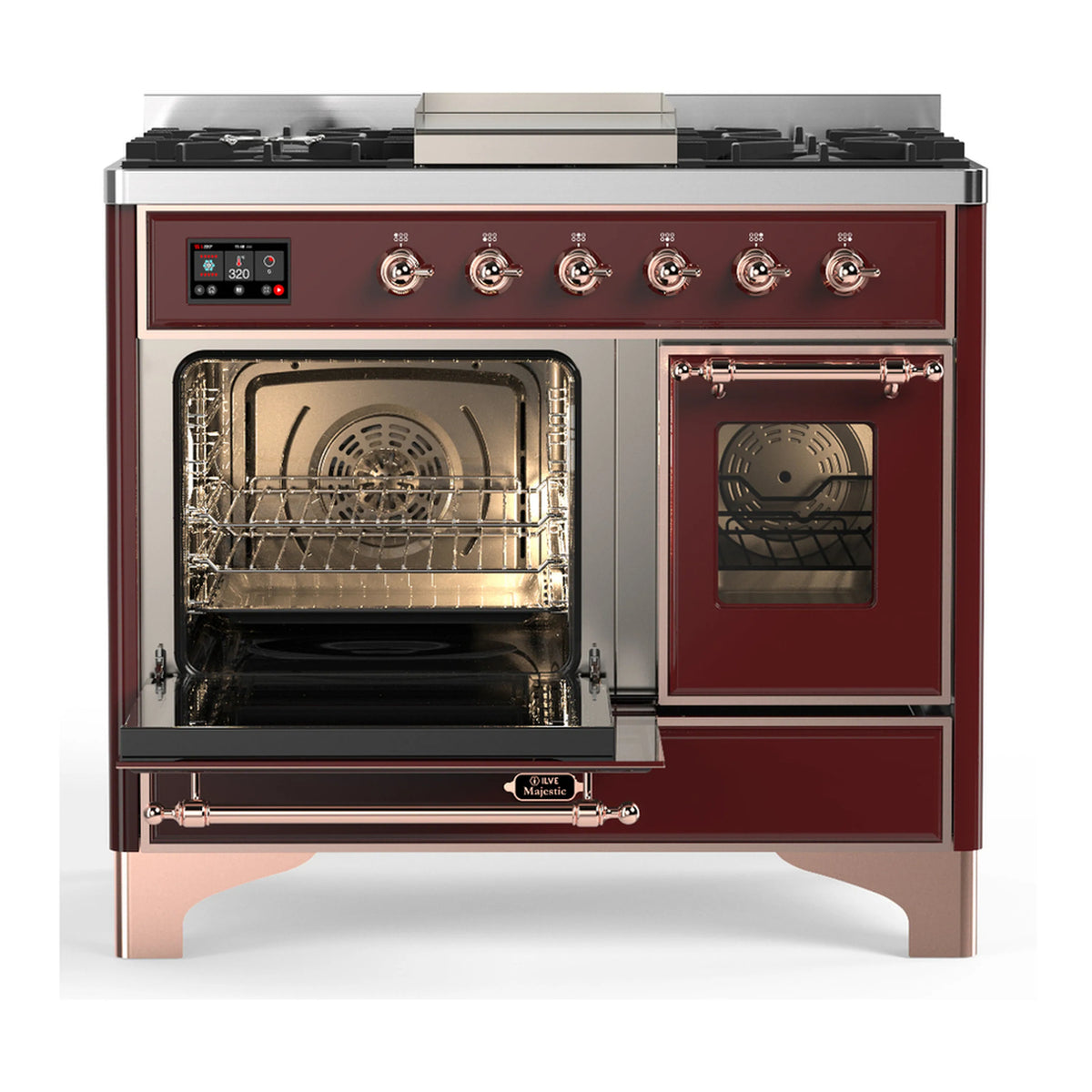Dual fuel range, burgundy with copper trim; left oven open with racks, right door closed