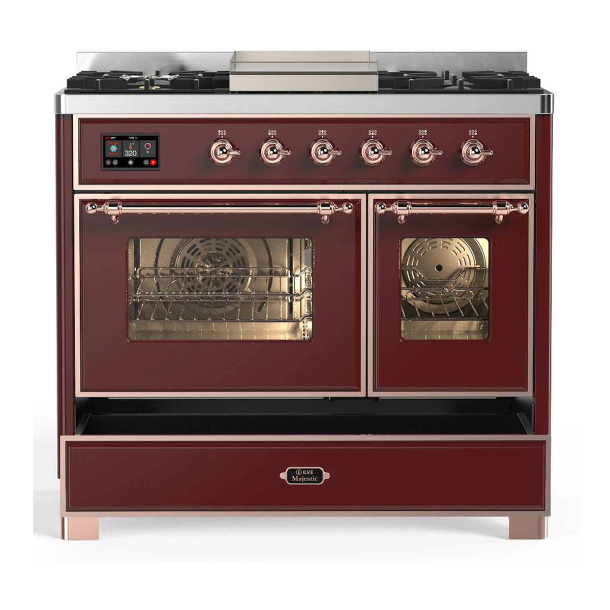 Dual fuel range, burgundy with copper trim; both oven doors closed and storage drawer open
