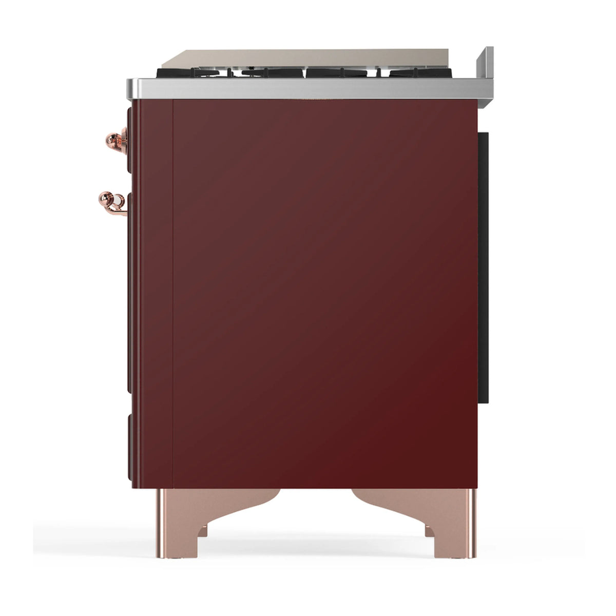 Dual fuel range side panel, burgundy cabinet with stainless top and copper side handles