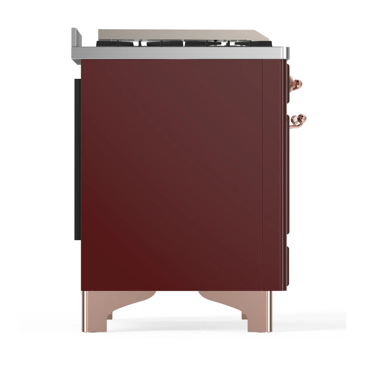 Dual fuel range other side panel, burgundy cabinet with stainless top and copper fittings