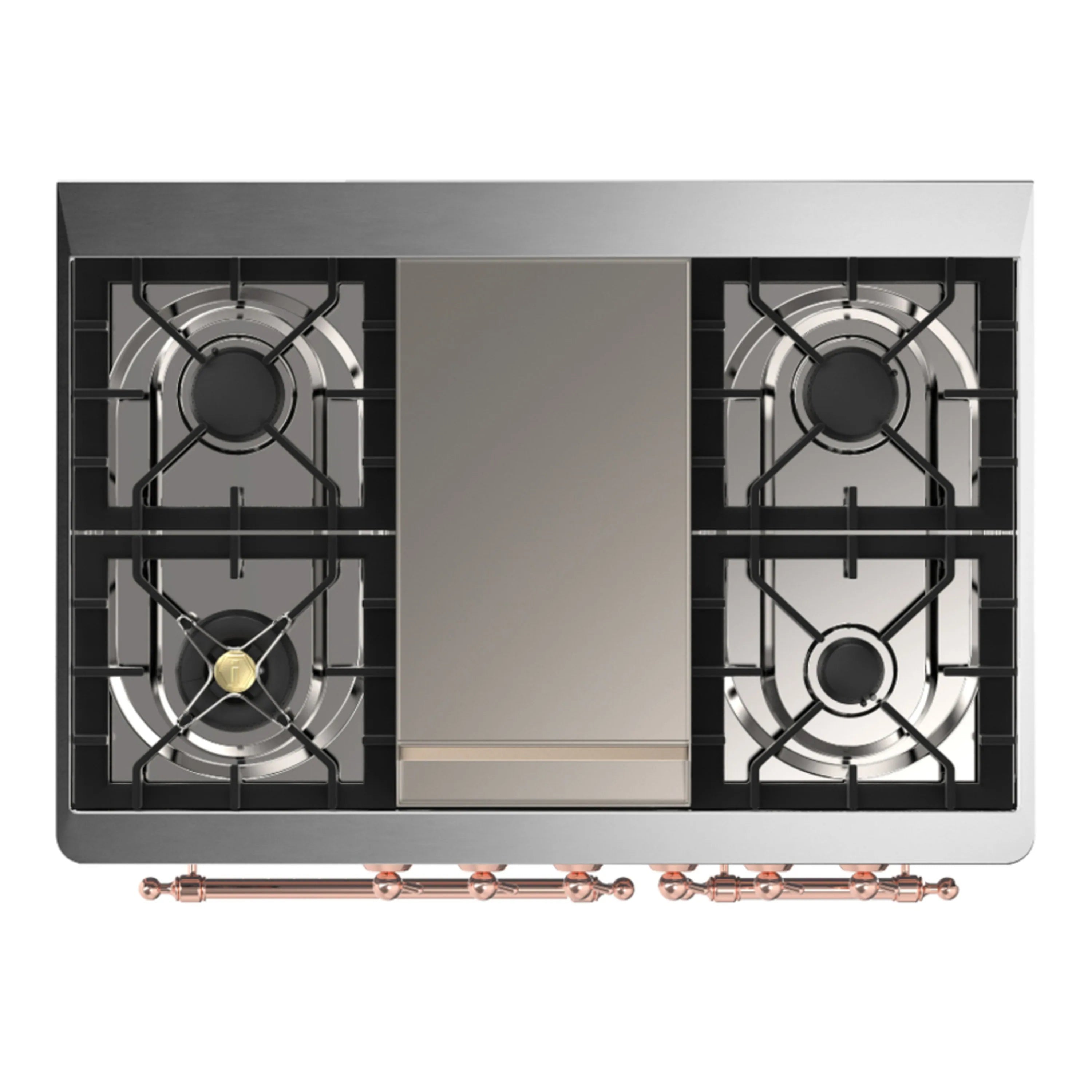 Gas burner cooktop surface with four cast-iron grates on stainless top