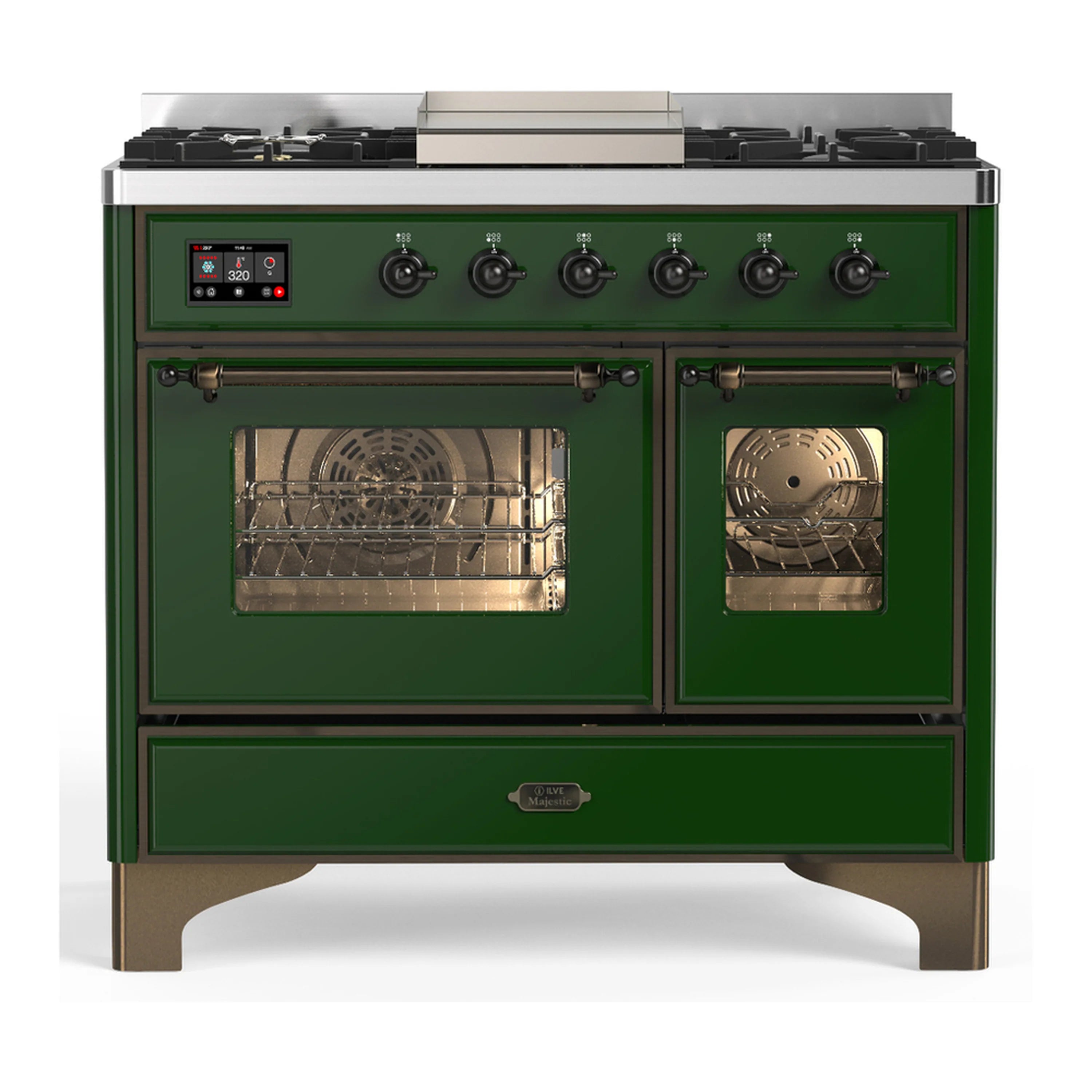 Emerald green dual fuel range front view with control panel and double oven doors closed.