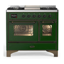 ILVE Majestic III 40-inch Dual Fuel Range with 5 Liquid Propane Burner, Griddle and Triple Glass Door Electric Oven in Emerald Green with Burnished Trim (UMD40FNR3EGBLP)