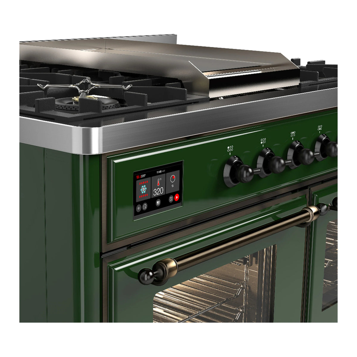 Emerald green dual fuel range with front control panel, knobs, and open oven door.