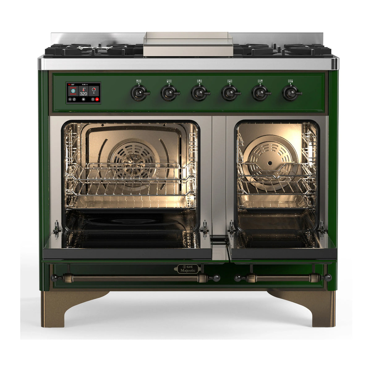 Emerald green dual fuel range with two oven doors opened to reveal racks and lighting.