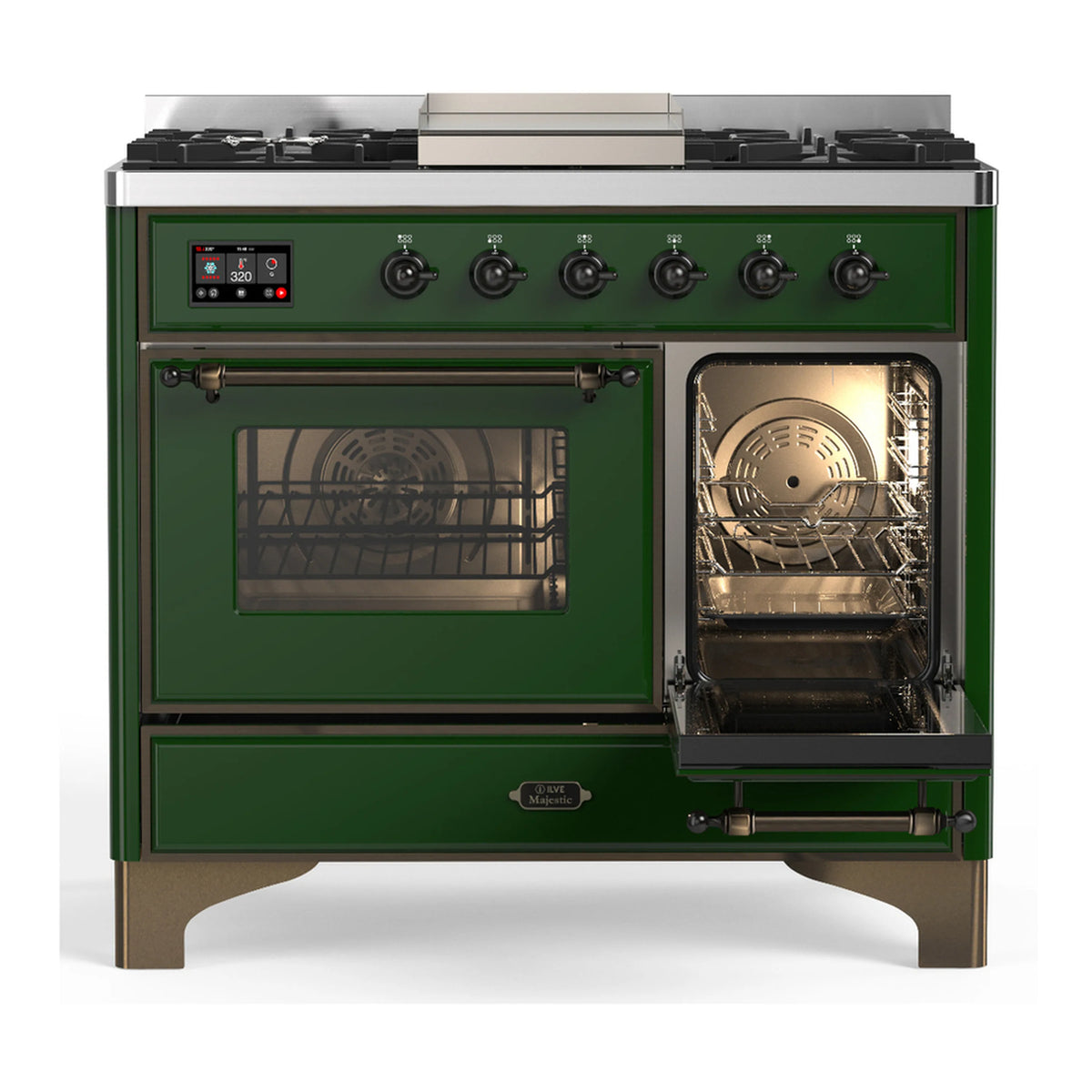 Emerald green dual fuel range with one oven door window view and lit second oven.