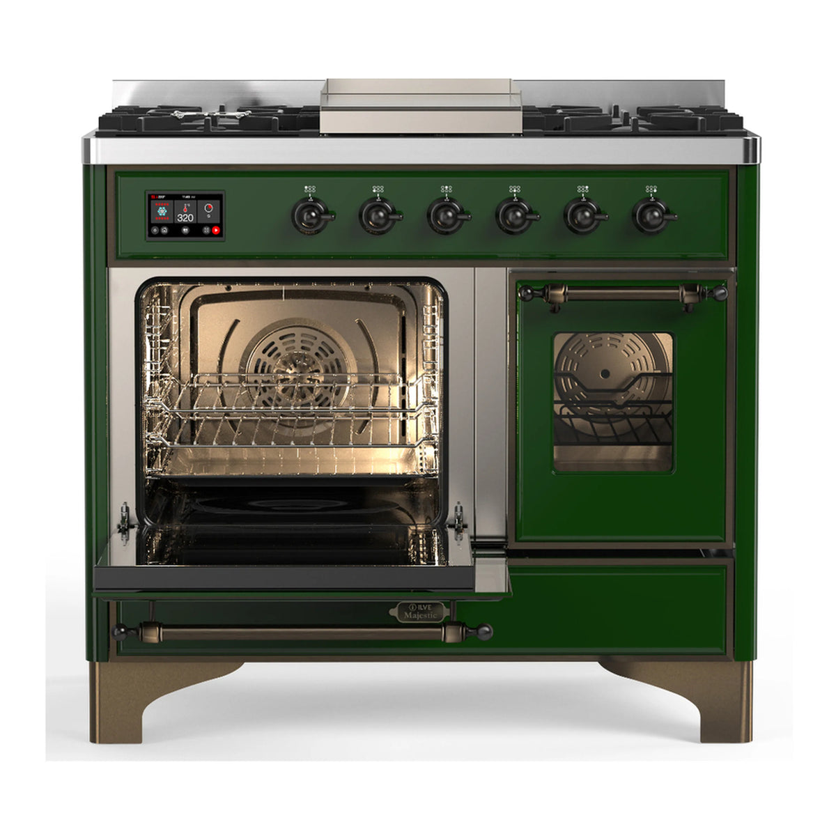 Emerald green dual fuel range with left oven door open and right oven door closed.