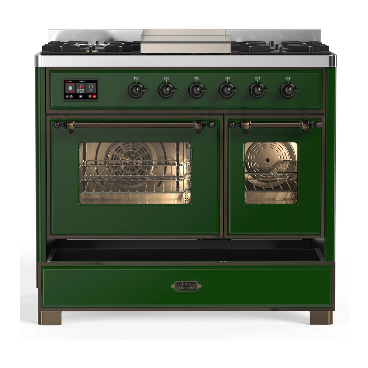 Emerald green dual fuel range with both oven doors closed and visible oven windows.