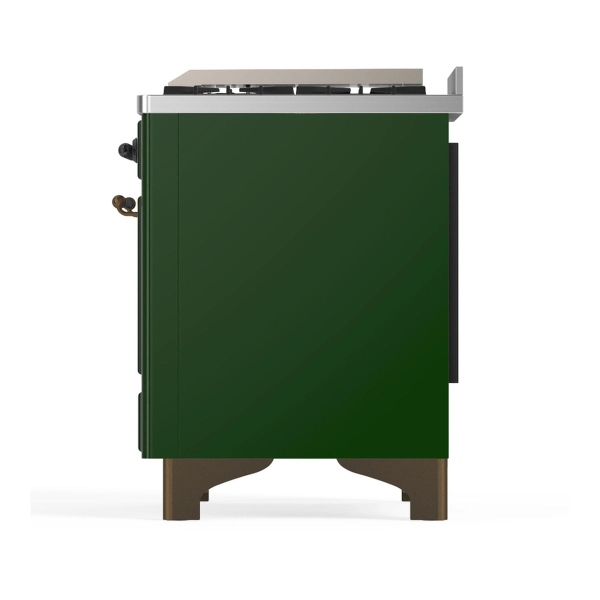 Emerald green dual fuel range side view with control knobs and back trim detail.