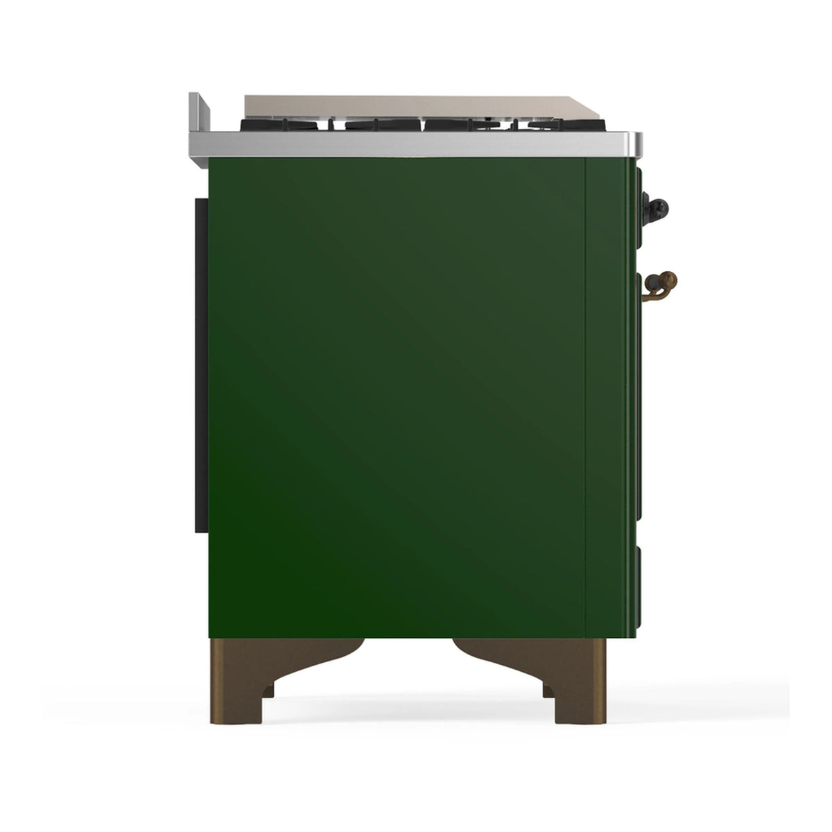 Emerald green dual fuel range back-left side view with stainless trim and legs.