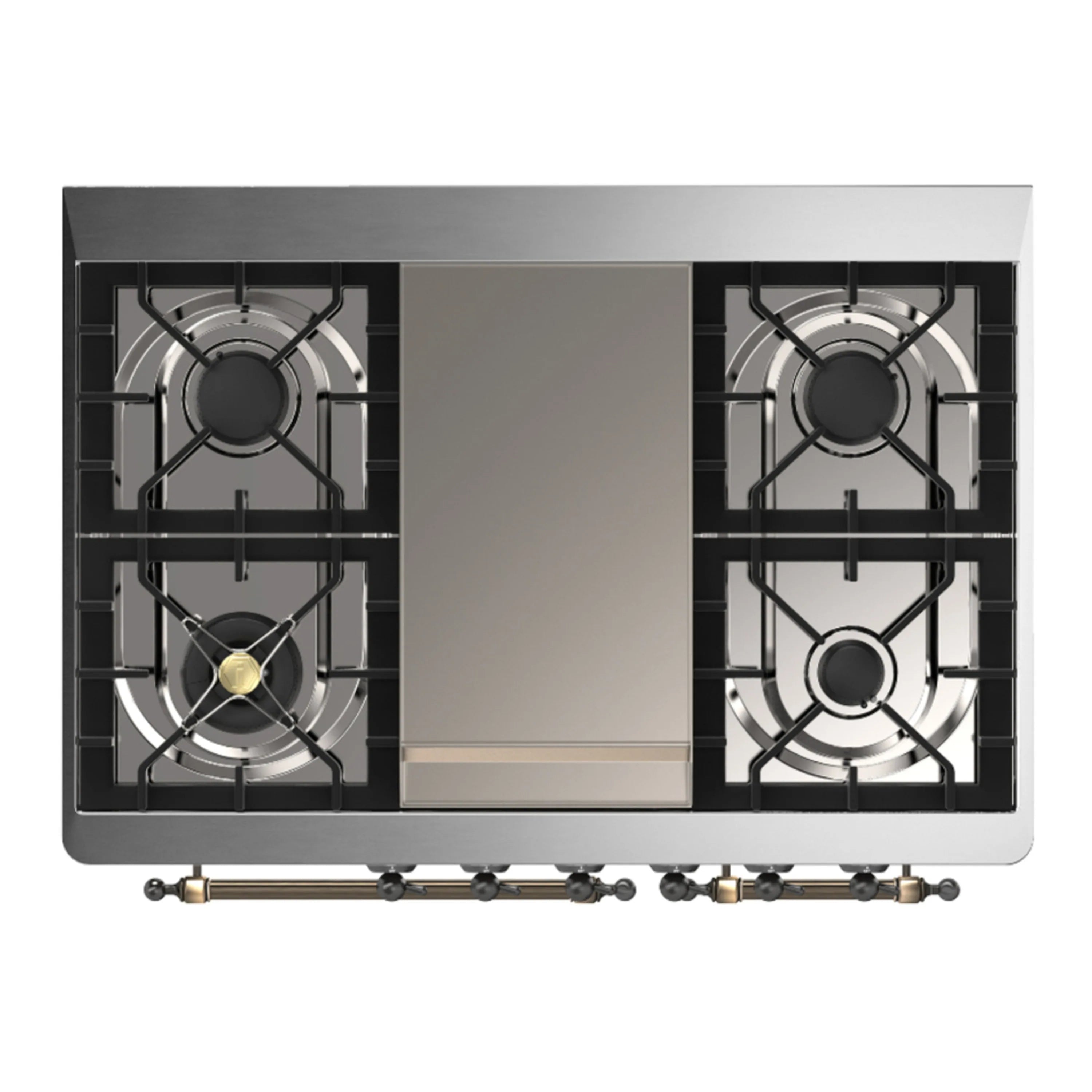 Stainless cooktop burner layout with four gas burners and control knobs along front edge.