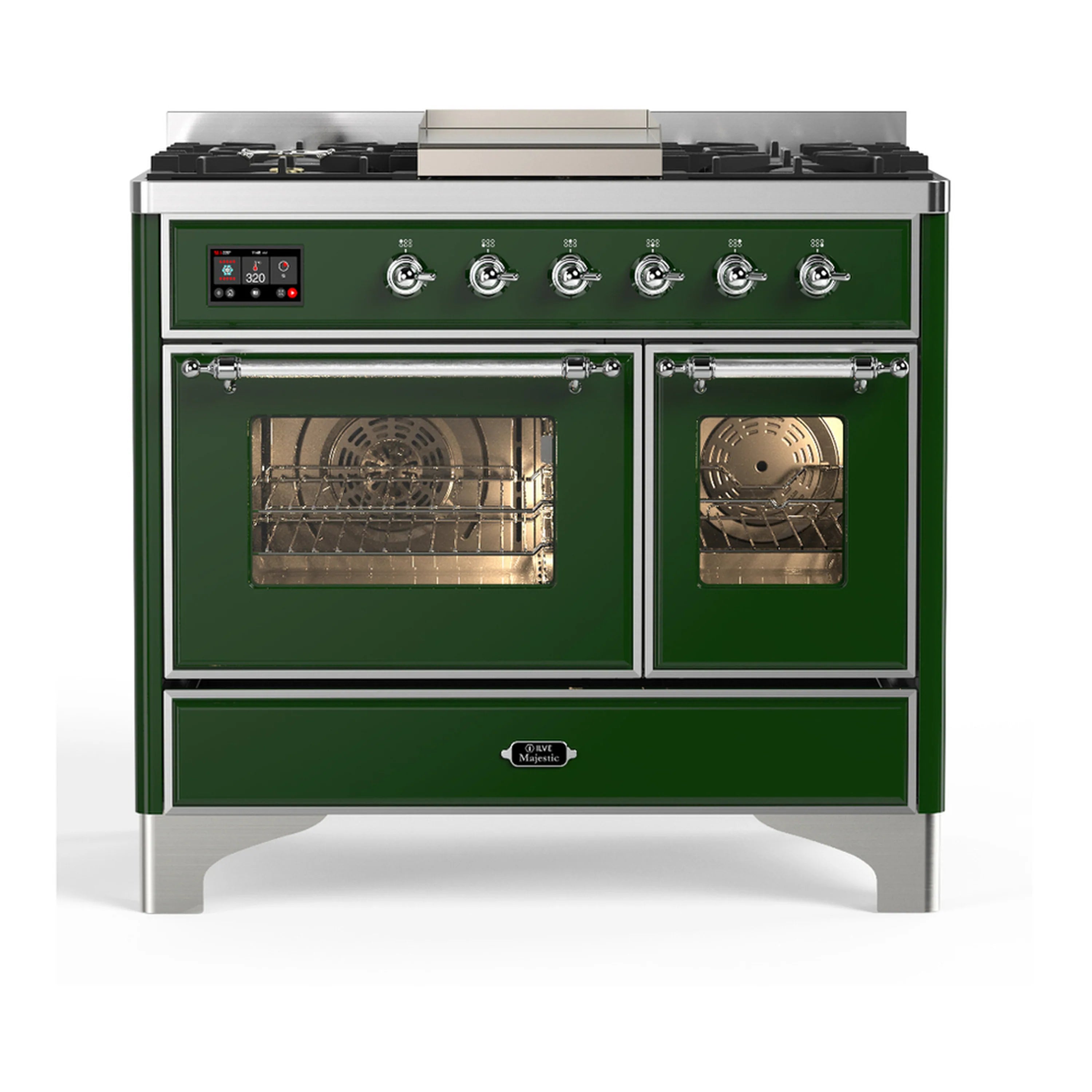 Emerald green dual fuel range with both oven doors closed and burners on top