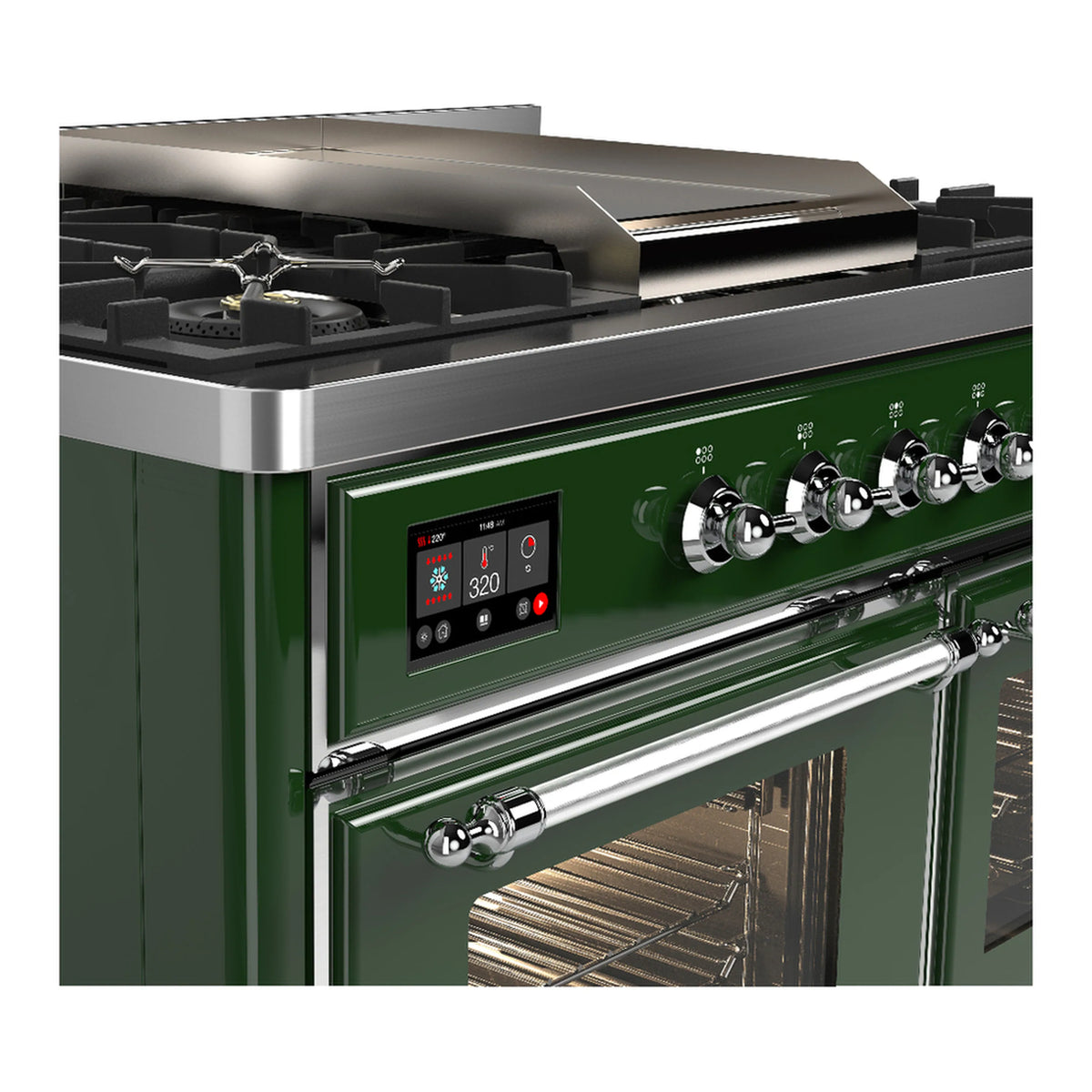 Emerald green dual fuel range with chrome trim, control panel, and open oven window
