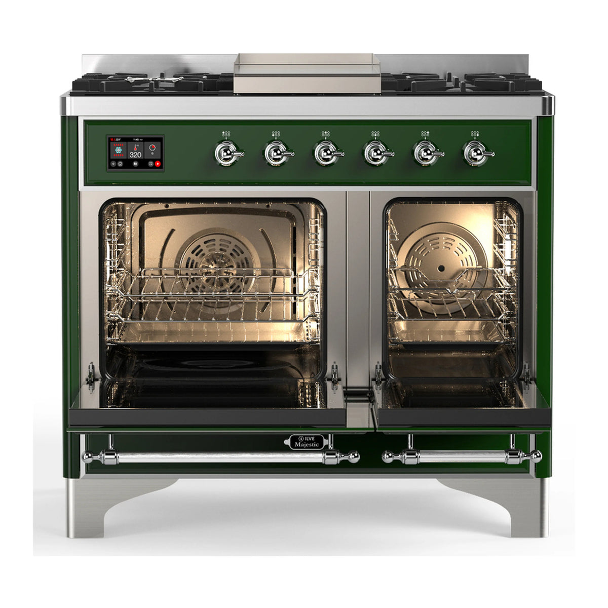 Emerald green range with two oven doors open, chrome handles, and interior racks visible
