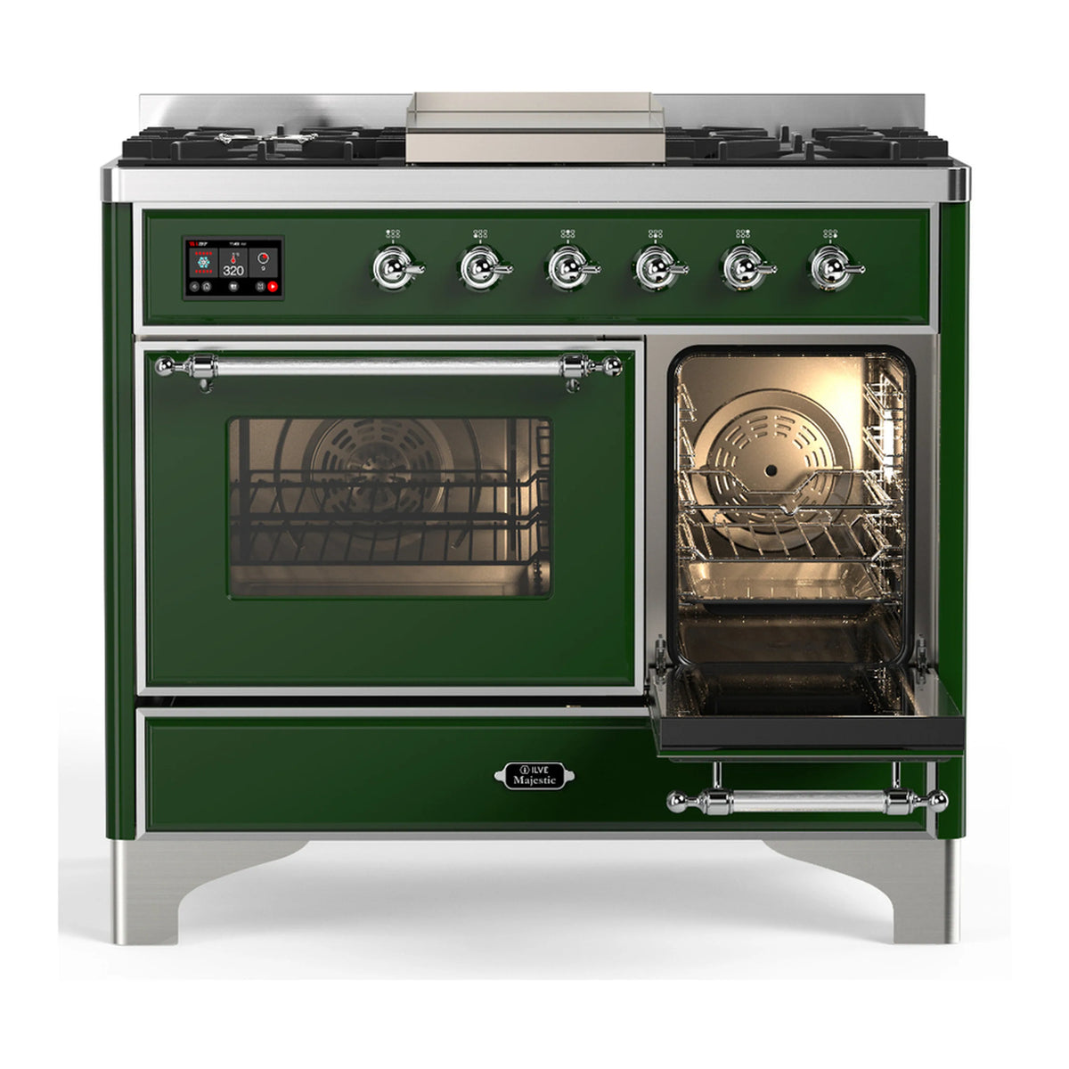 Emerald green dual fuel range with left oven door window and right oven door open