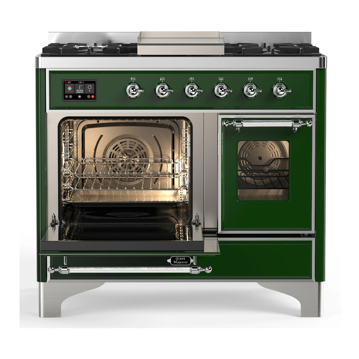 Emerald green range with both oven compartments open, chrome door handles, racks visible