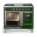 ILVE Majestic III 40-inch Dual Fuel Range with 6 Natural Gas Burner, Griddle and Triple Glass Door Electric Oven in Emerald Green with Chrome Trim (UMD40FNR3EGC)