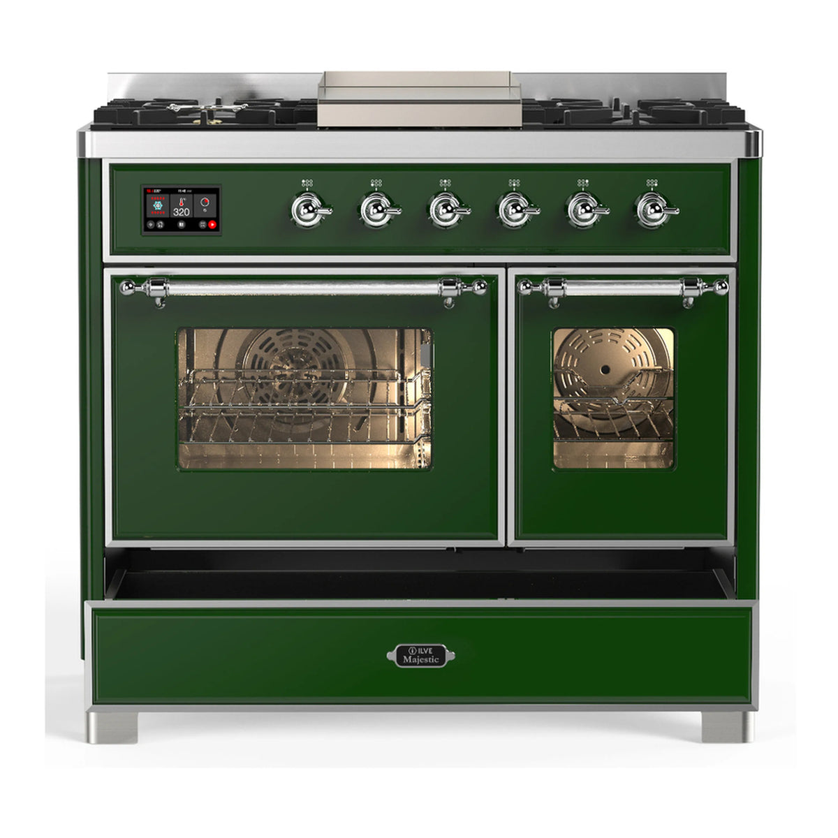 Emerald green dual fuel range with large oven door open and smaller door closed
