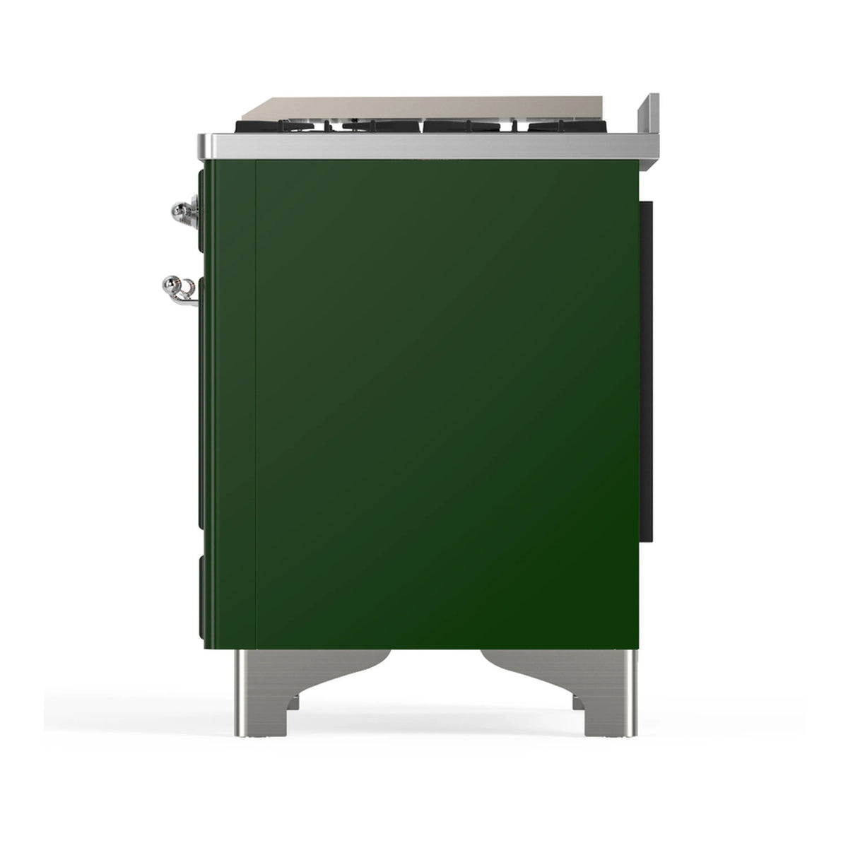 Side view of emerald green dual fuel range with control knobs and burner grates