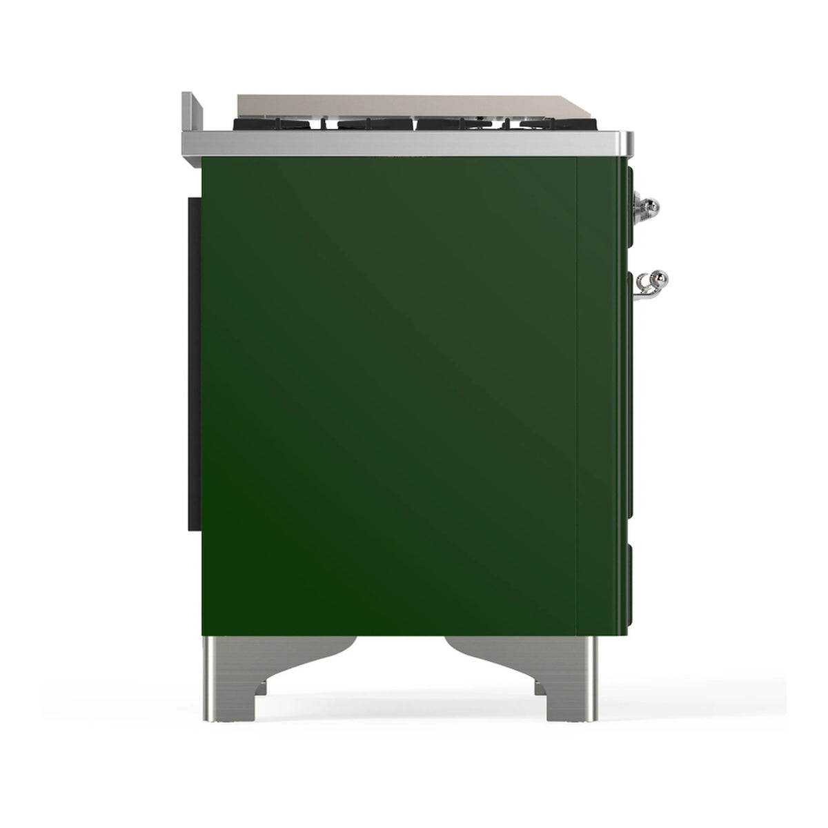 Rear corner view of emerald green dual fuel range with side fittings and legs